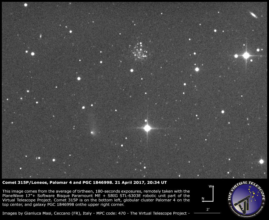 Al momento stai visualizzando Cometa 315P/Loneos, Palomar 4 e una galassia – 21 Apr. 2017